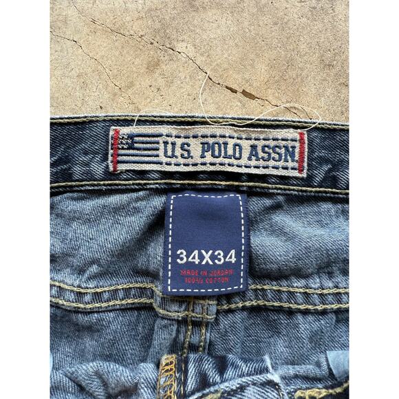 2000s U.S. Polo Assn. Black Denim Straight Leg Jeans Size 34x31.5 Embroidered - Picture 3 of 8
